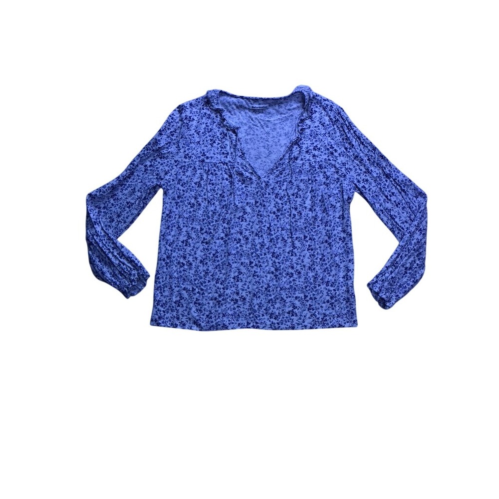 Reformation Blouse Women Small Blue Floral Tie Neck Long Sleeve Peasant Top
